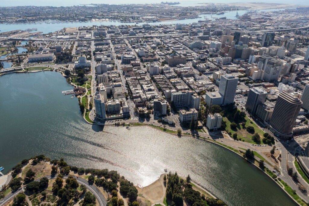 Aerial view of lake merritt and downtown oakland build
