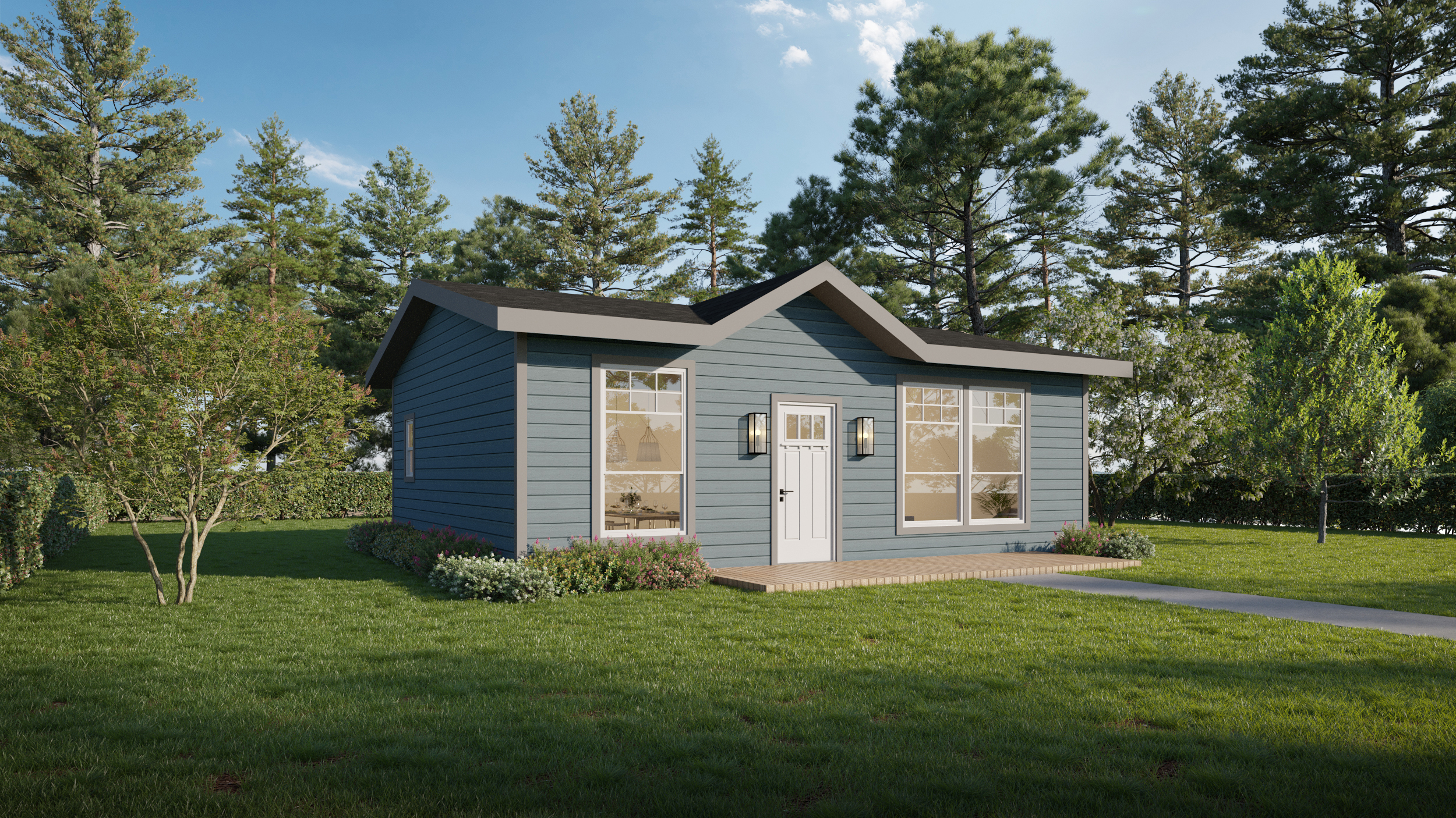 A small blue house with large windows set in a grassy yard, surrounded by trees.