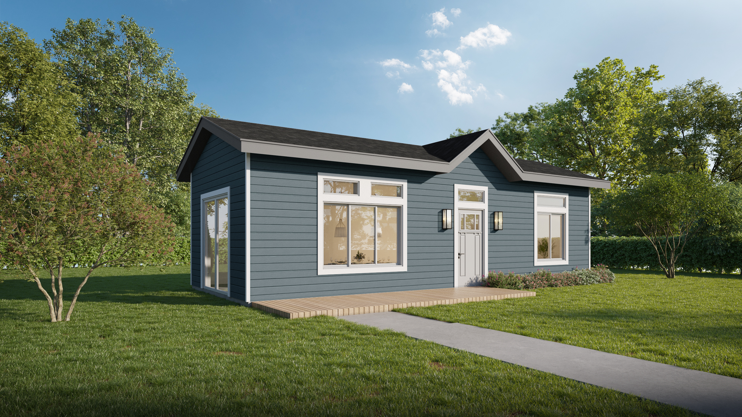 A small blue house with white trim and a black roof is surrounded by grass and trees, featuring large front windows and a single front door. A path leads to the entrance.